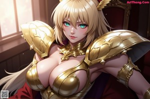 A woman in a golden armor is posing for the camera.