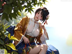 A woman in a blue and gold kimono sitting on the ground.