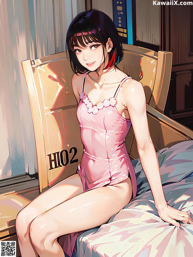 A woman in a pink bathing suit sitting on a bed.