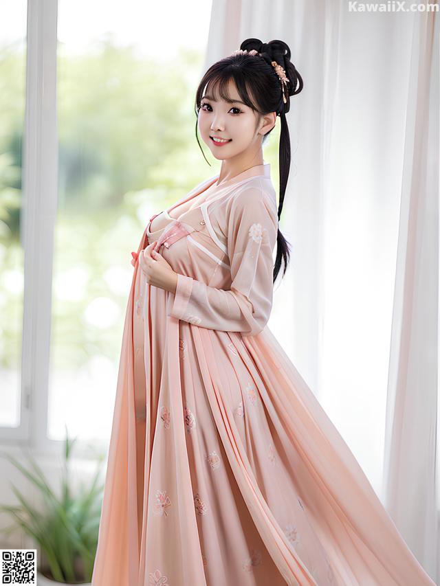 A woman in a pink dress standing in front of a window.