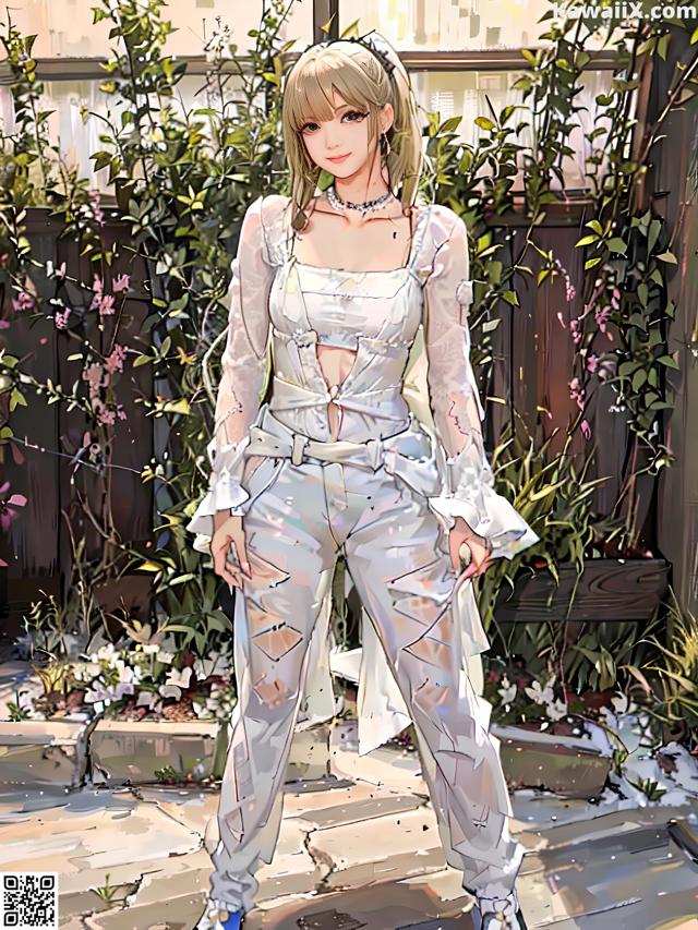A woman in a white outfit standing in front of a fence.