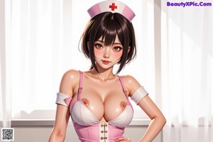 A woman in a nurse outfit sitting on a bed.
