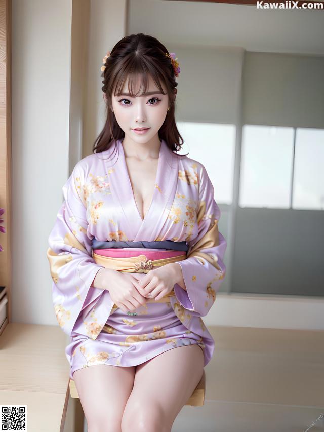 A woman in a purple kimono sitting on a wooden bench.