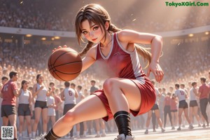 A girl in a basketball uniform holding a basketball on a court.