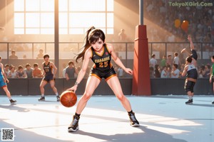 A woman in a basketball uniform standing in front of a crowd.