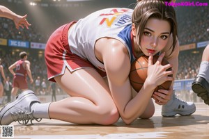 A woman holding a basketball on a basketball court.