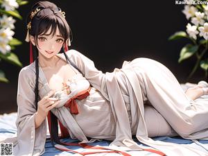 A woman in a white kimono standing next to a body of water.