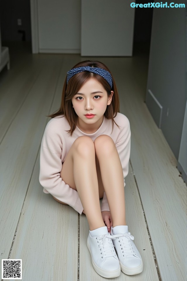 A young woman sitting on the floor wearing white sneakers.