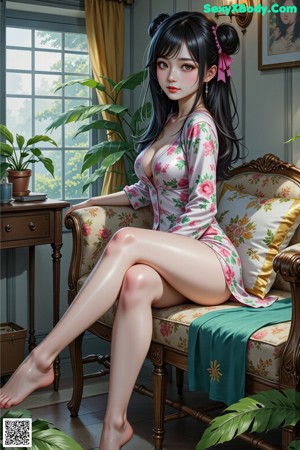 A woman sitting on a red chair in a room.