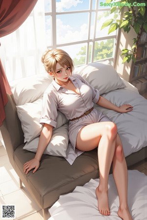 A woman sitting on a chair in a white dress.