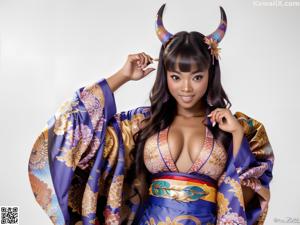 A woman in a purple and gold kimono posing for a picture.