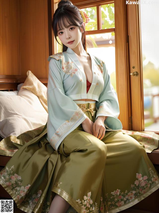 A woman in a green and blue hanbok sitting on a bed.