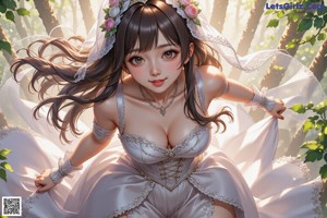 a woman in a wedding dress standing in the woods