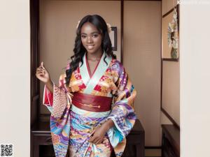 A woman in a kimono posing naked on a bed.