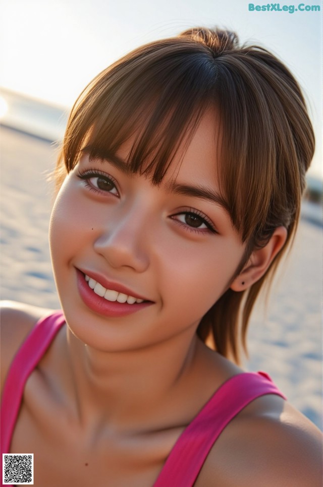 A woman in a pink tank top smiles at the camera.