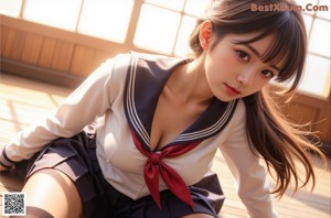 A woman in a school uniform posing for a picture.