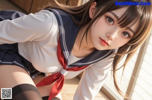 A woman in a school uniform sitting on the ground.