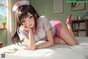 A woman in a nurse outfit sitting on a couch.