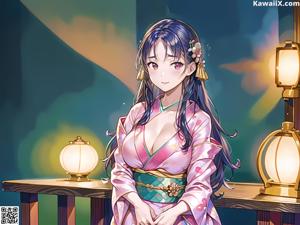 A woman in a kimono sitting at a table.