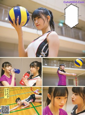 A collage of photos of a young woman playing volleyball.