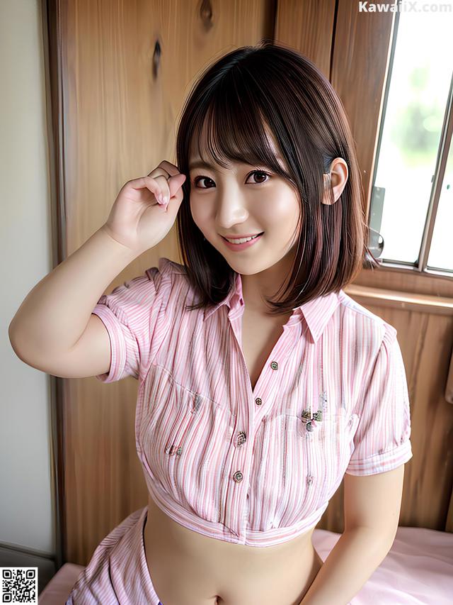 A woman in a pink shirt is posing on a bed.