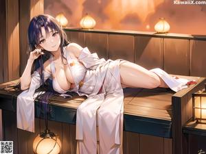 A woman in a pink kimono sitting on a bed.