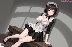 A woman in a maid outfit is standing in a kitchen.