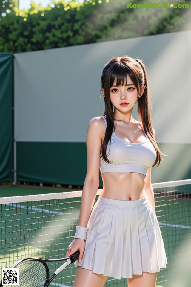 A woman holding a tennis racket on a tennis court.