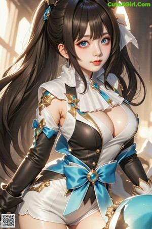A woman in a blue and white outfit holding a sword.