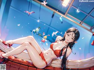 A woman in a red bikini sitting on a chair.