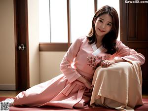 A woman in a pink and white hanbok posing for a picture.