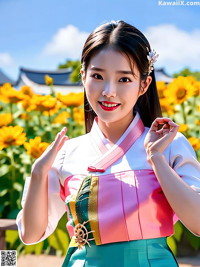 A woman in a colorful dress standing in front of a field of flowers.