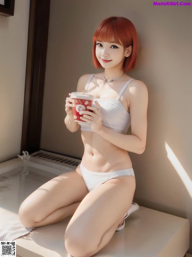 A woman in a white bikini holding a cup of coffee.